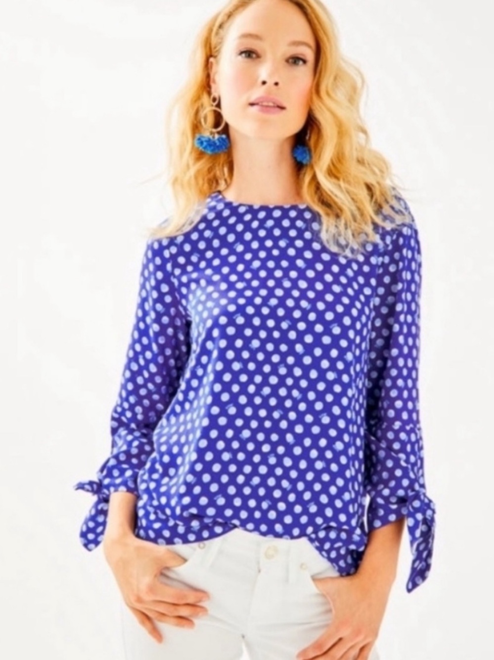 Lilly Pulitzer Blue Polka Dot Tie-Sleeve Blouse